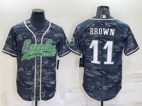 Men's Philadelphia Eagles #11 A. J. Brown Gray Camo With Patch Cool Base Stitched Baseball Jersey